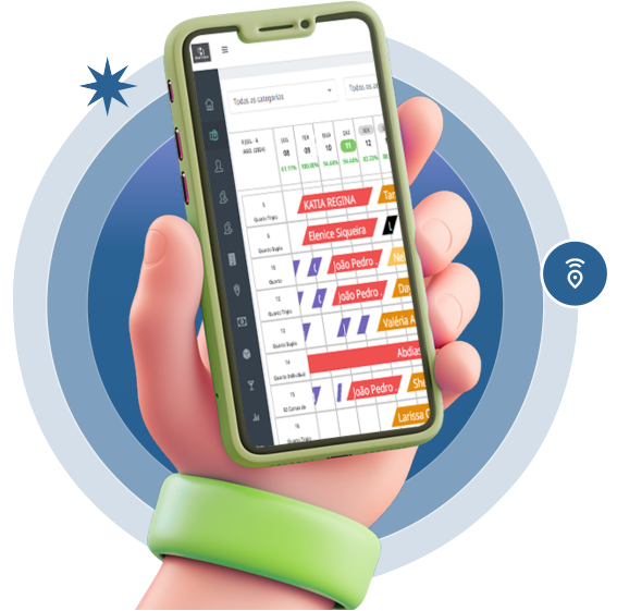 Sistema Facility Hotel sendo exibido no smartphone